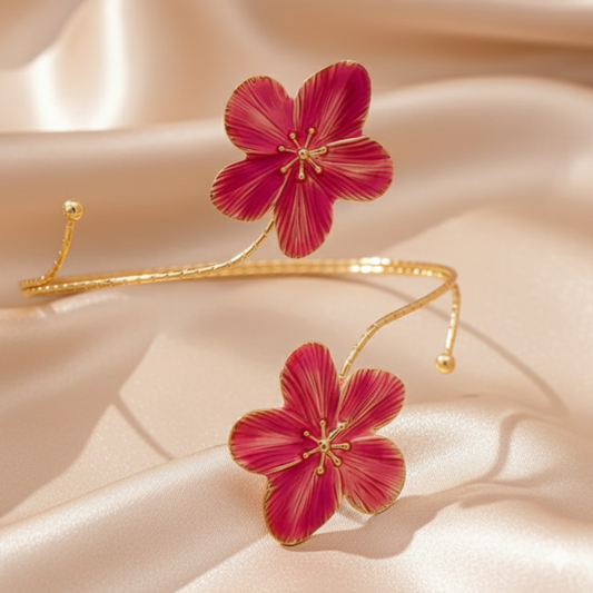 Rosé Bloom Arm Band product detail view showing gold frame and pink floral design