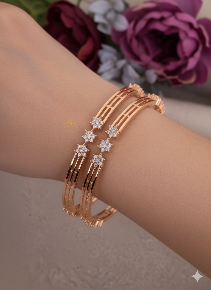 Sparkling Floret Cluster Rose Gold Bangles (Set of 2)