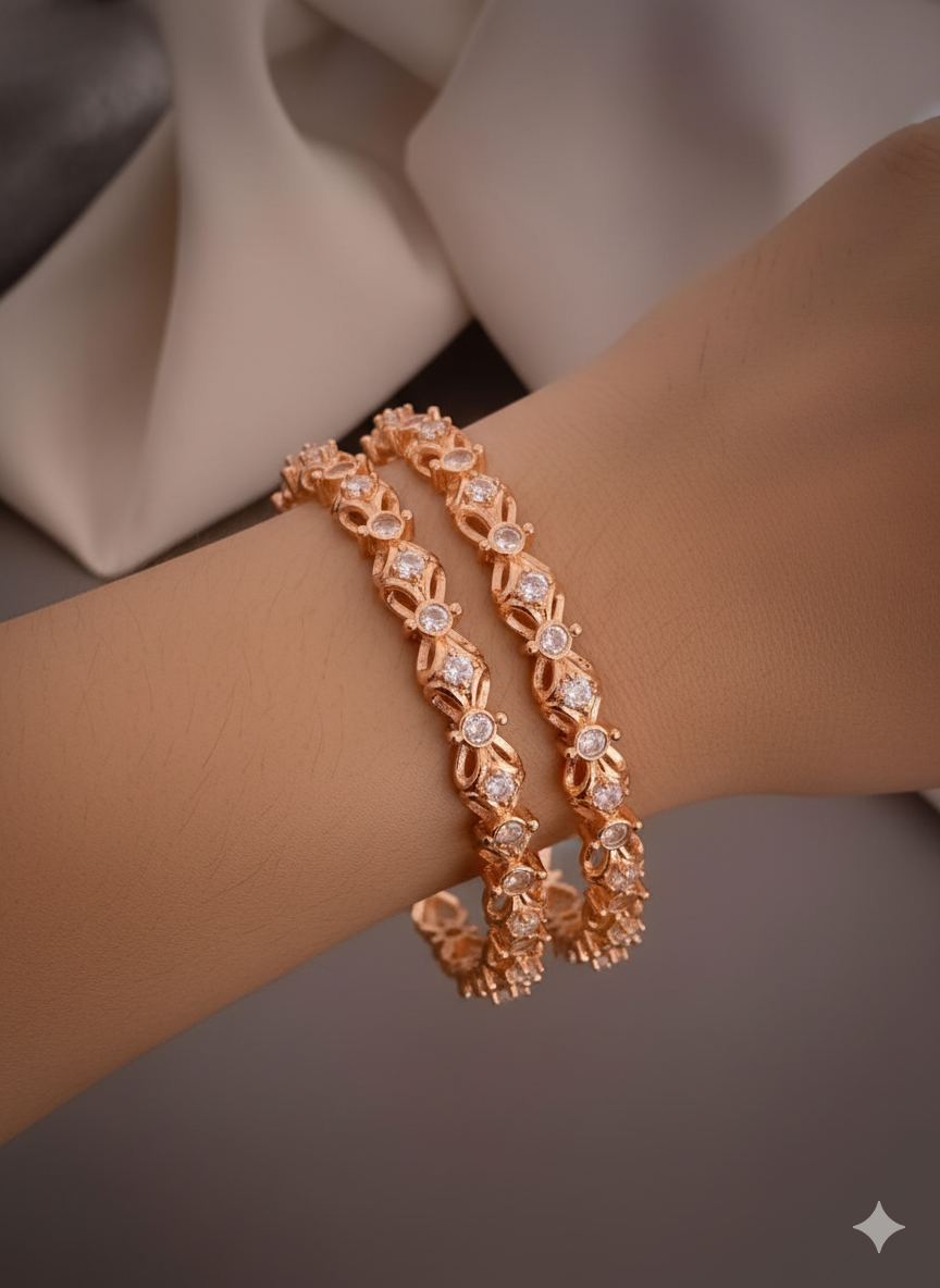 Floral Charm Rose Gold Bangles (Set of 2)