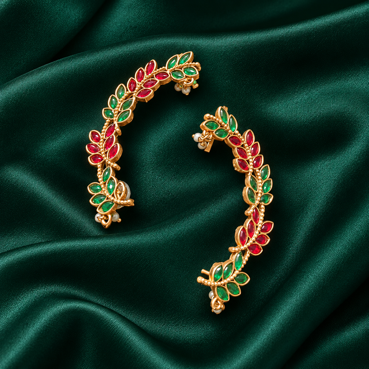 Gulbahar Green & Pink Leaf Ear Cuffs | Pair