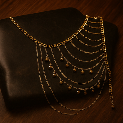 Shoulder body chain by ReevaTara styled with an off-shoulder top