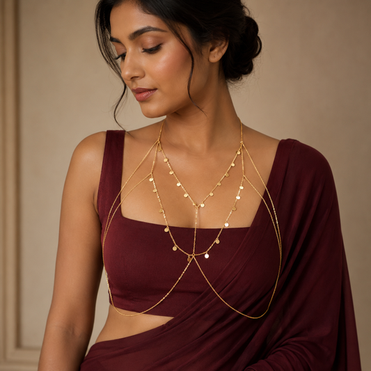 Glimmer Coin Drape body chain with small disc charms across the neckline