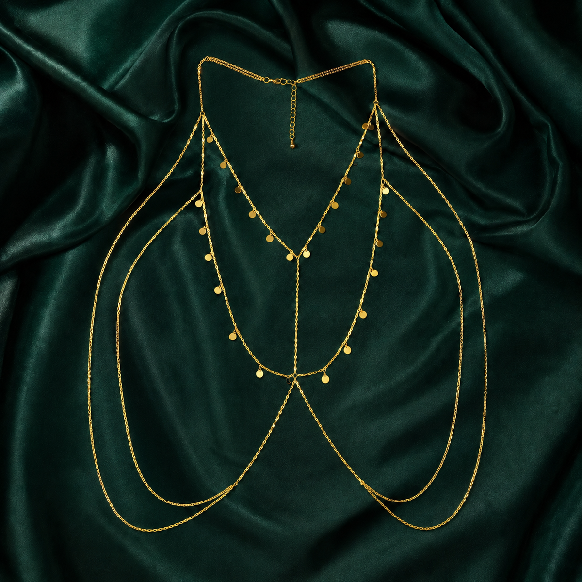 Glimmer Coin Drape body chain by ReevaTara, worn front or back