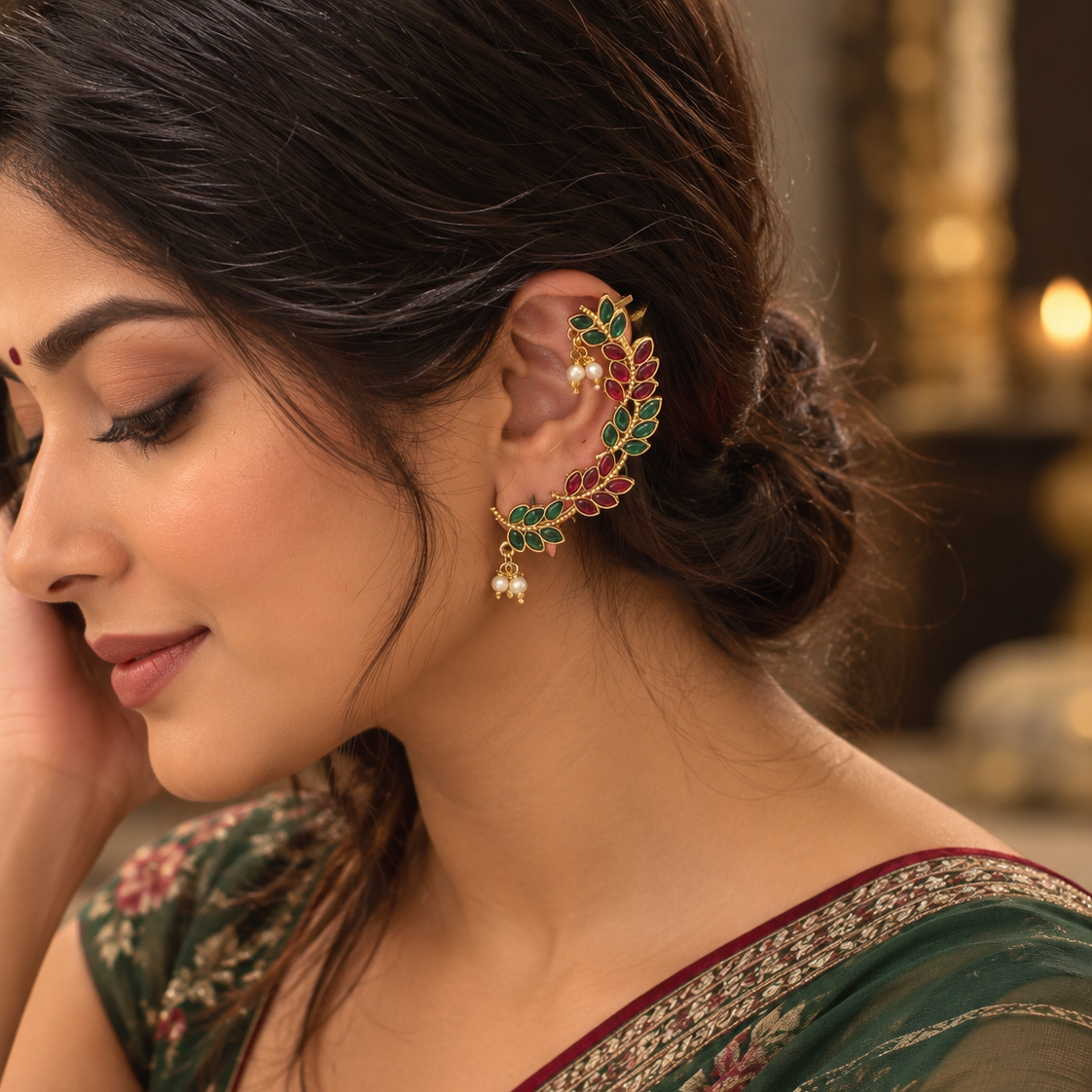 Gulbahar Green & Pink Leaf Ear Cuffs | Pair