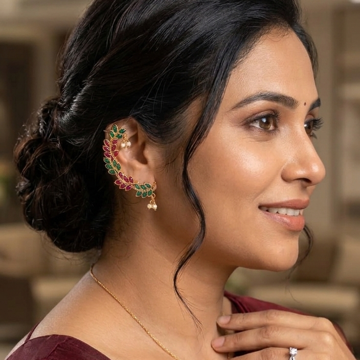 Gulbahar Green & Pink Leaf Ear Cuffs | Pair