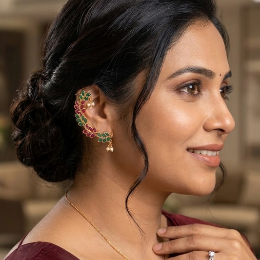 Gulbahar Green & Pink Leaf Ear Cuffs | Pair