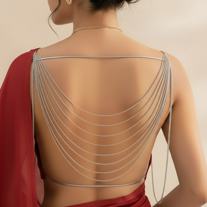 Layered neck-to-waist body chain worn with a deep neckline