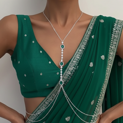 Green stone body chain in gold-tone