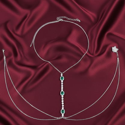 Emerald Cascade body chain shown front and back