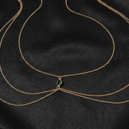 Emerald Charm detail, green centrepiece with cascading chains