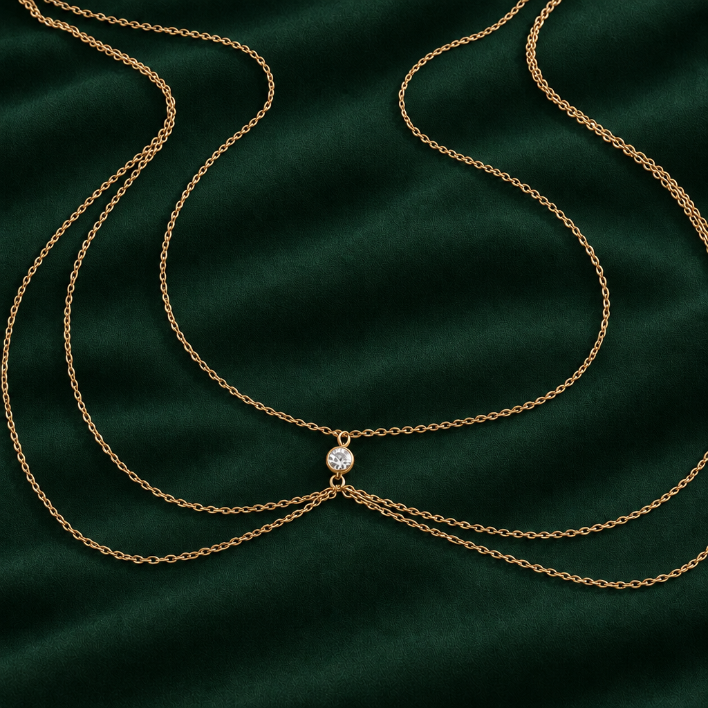 Solitaire Drape body chain detail, single crystal centrepiece