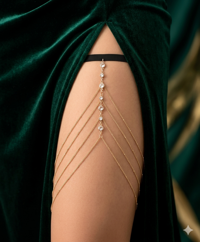 Luna Drape Thigh Chain by ReevaTara, fine crystal accent leg chain