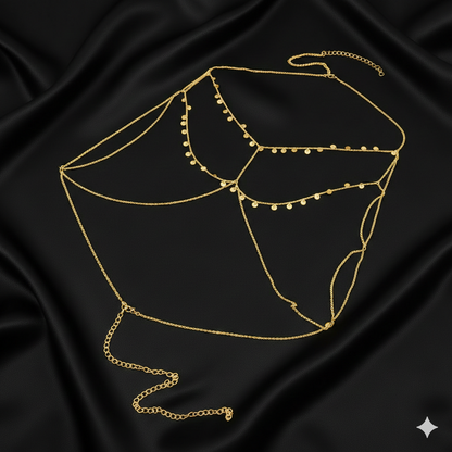 Luna Drape detail, coin charms on layered gold-tone chains