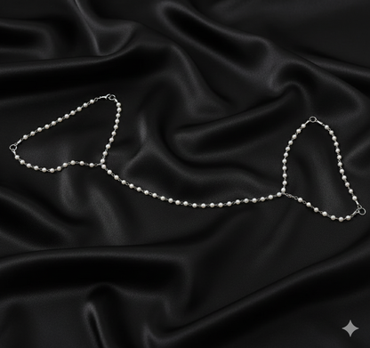 Pearl Drift detail, pearls on a silver-tone harness chain