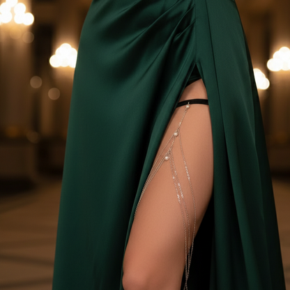 Moonlit Drape Thigh Chain worn under a slit gown