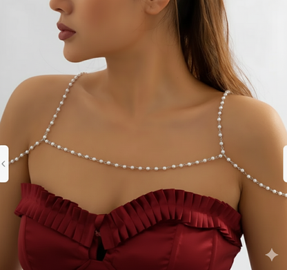 Pearl shoulder harness worn with a corset top