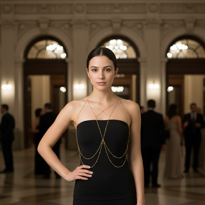 Multi-layer body chain worn over an embellished gown