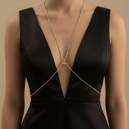 Crystal teardrop chain worn with a plunging neckline