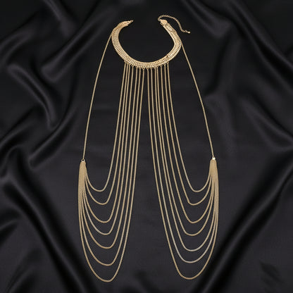 Collar body chain worn with a bare neckline