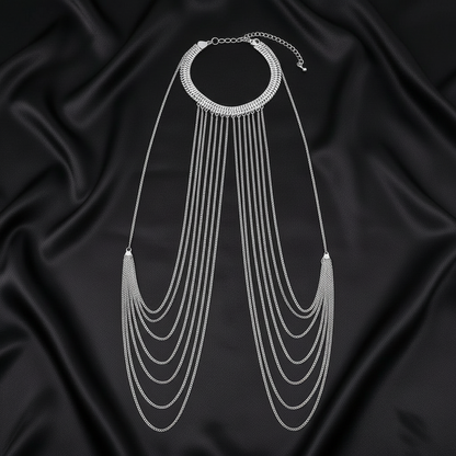 Gilded Cascade body chain detail, strands falling from the collar