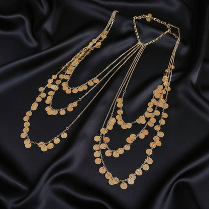 Siyana Sequin Draped body chain detail, glistening disc charms