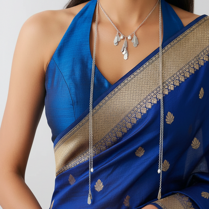 Pearl Leaf Cascade detail, leaf charms between pearls