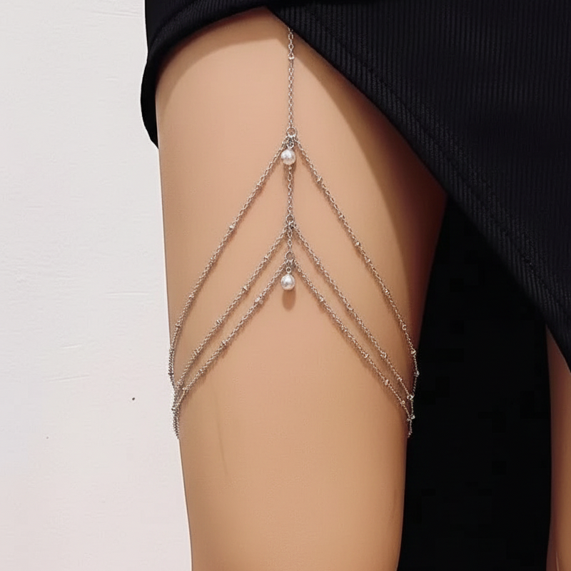 Celestial Drip Thigh Chain by ReevaTara, layered pearl drop leg chain
