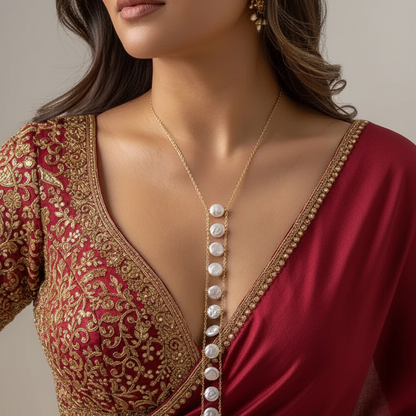 Pearl Cascade body chain with a cascading faux pearl drop