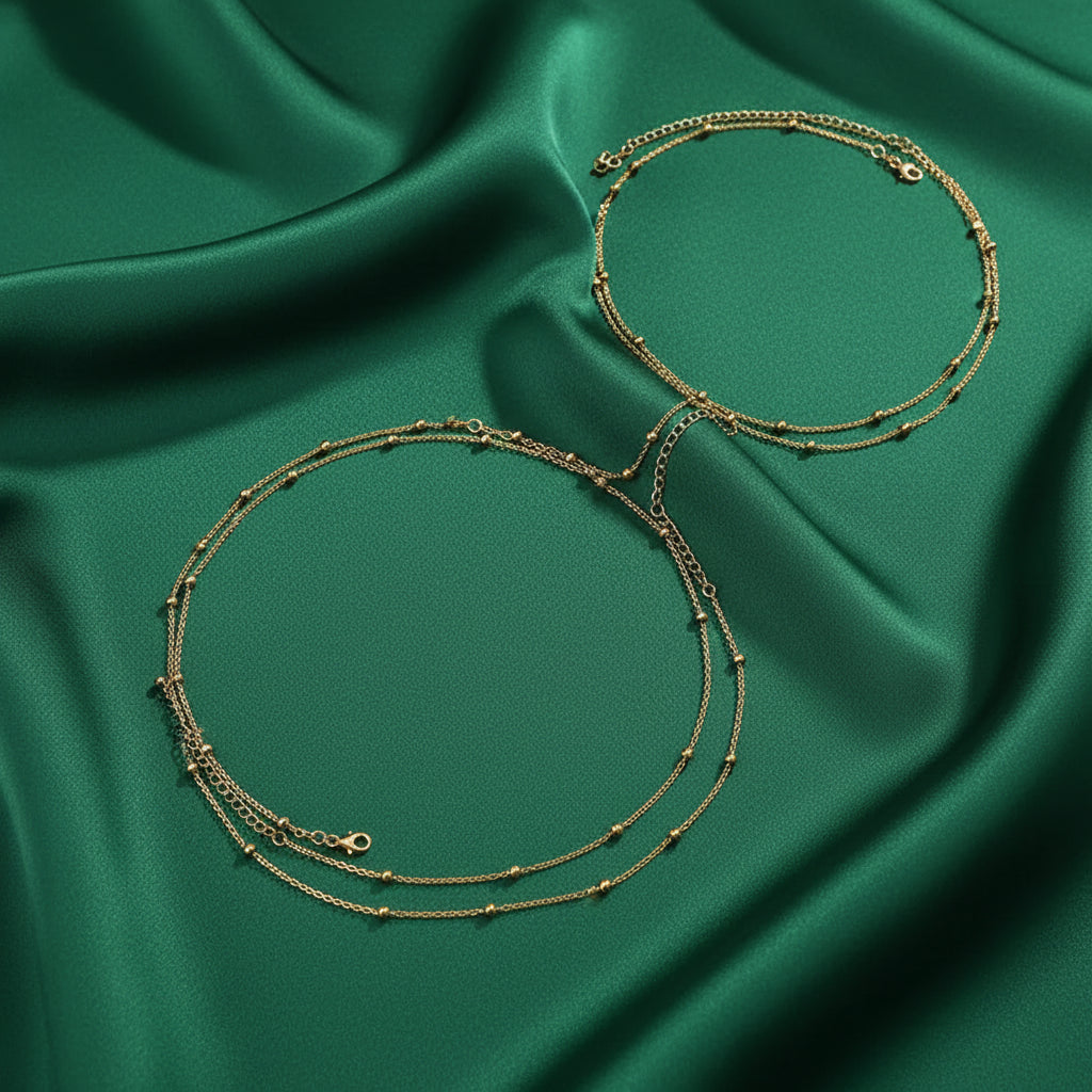 Coastal Glow body chain worn on its own over a bikini