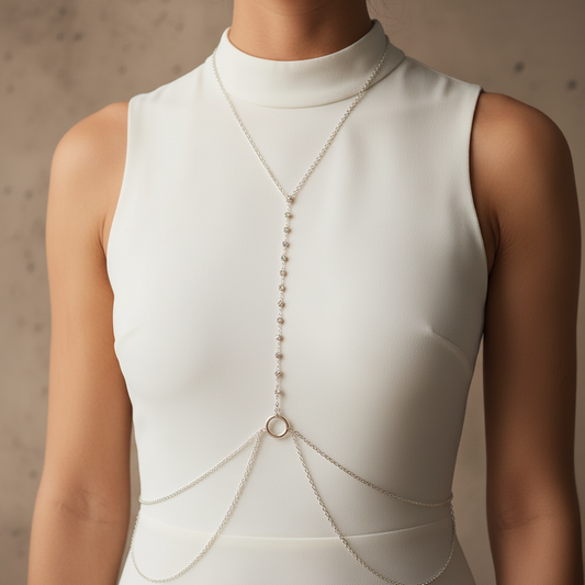 Crystal Orbit body chain with a crystal-studded drop and circular accent