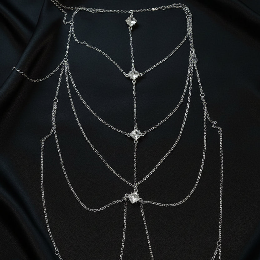 Celestial Prism body chain detail, multi-layer harness chains