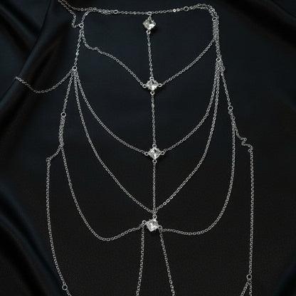 Celestial Prism body chain detail, multi-layer harness chains