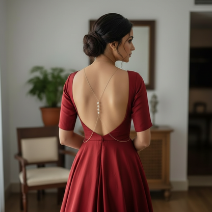 Wide pearl back drape worn with a deep-back gown