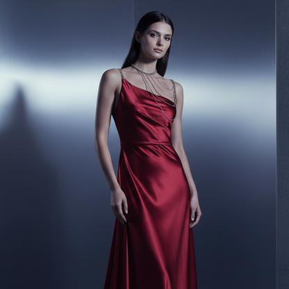 Nyra layered body chain showing the neckline drape