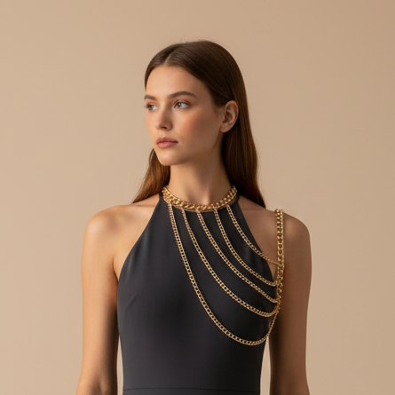 Layered curb-chain shoulder body chain in silver-tone, shown flat